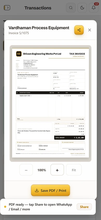 A tax invoice open, ready to send on the phone