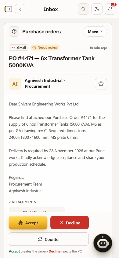 A purchase order in the mailbox on the phone